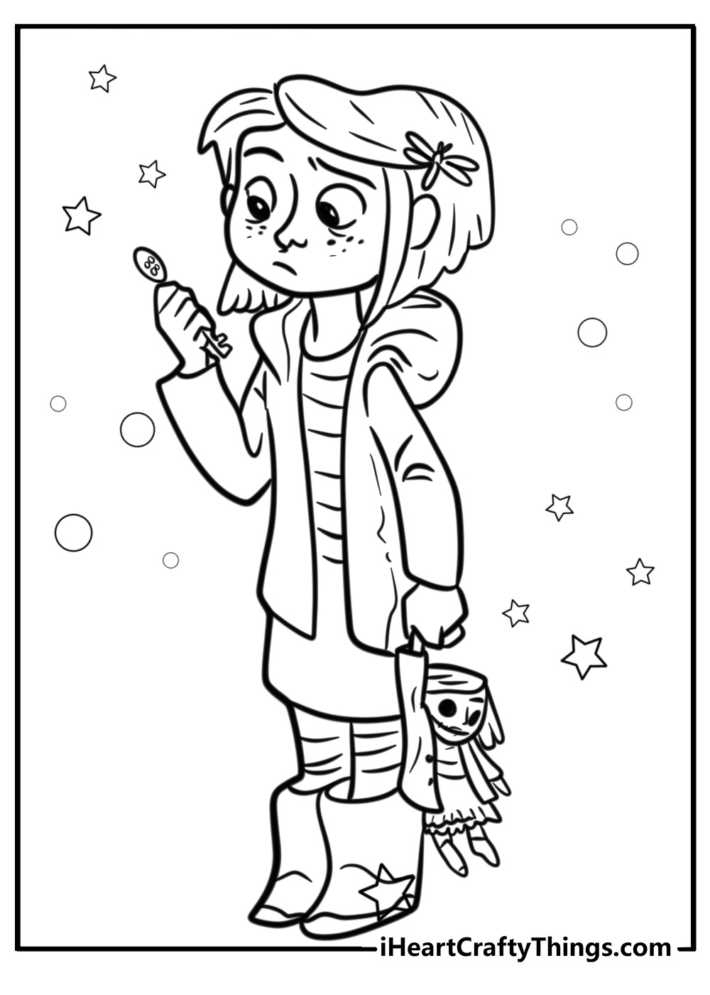 Coraline holding a key coloring page for kids