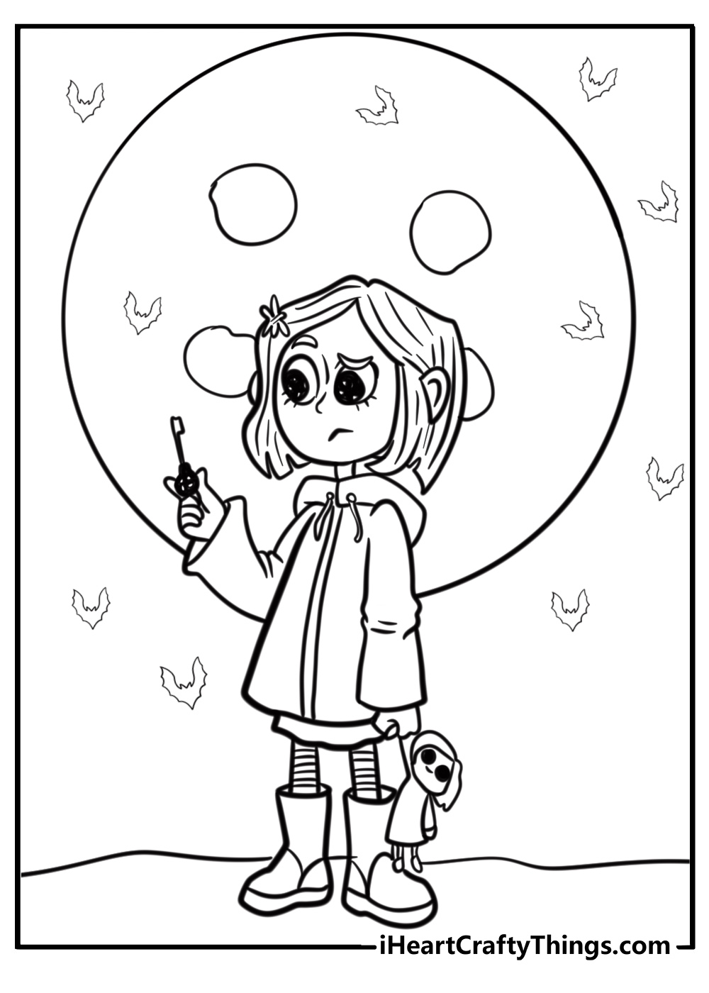 Coraline holding her doll in the other world coloring sheet