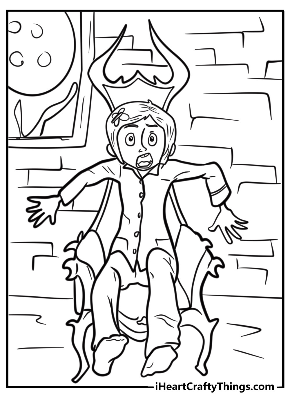 Coraline sitting on a chair coloring page for kids