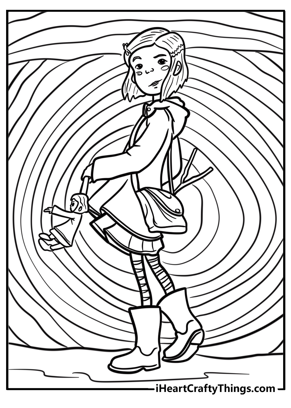 Coraline standing by the other world door fun coloring sheet