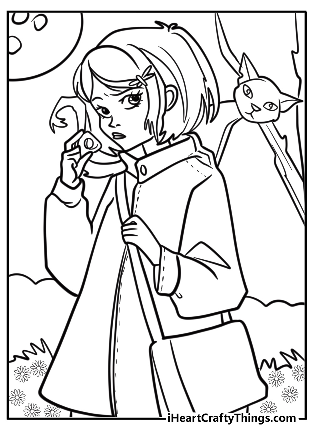 Coraline with a curious look fun coloring sheet for kids