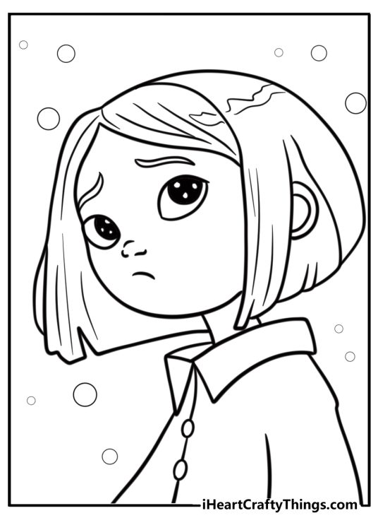 Coraline with a nervous expression free coloring page pdf