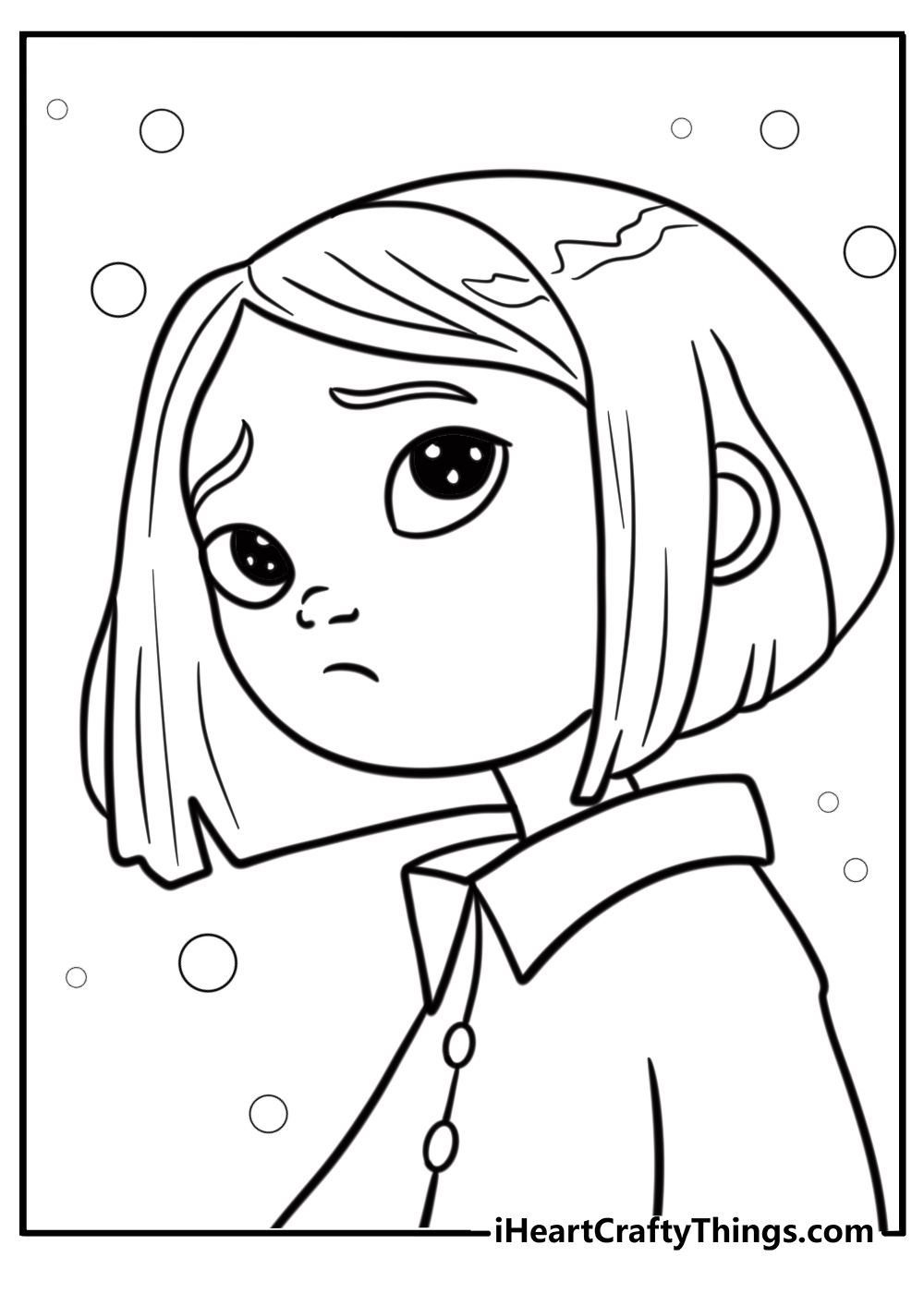 Coraline with a nervous expression free coloring page pdf