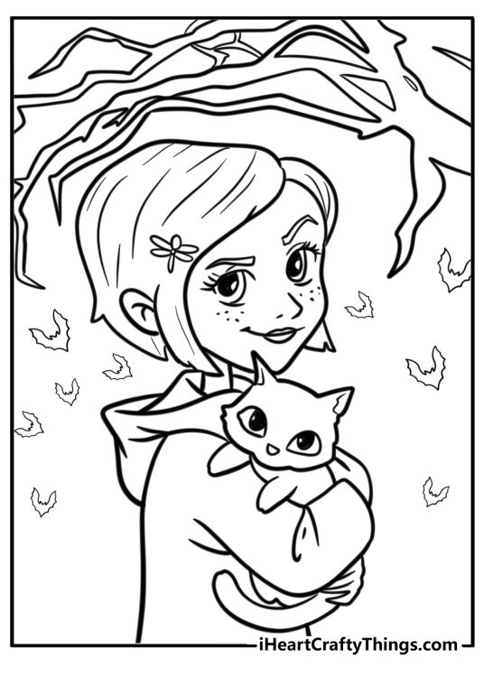 Coraline with her black cat free coloring page pdf