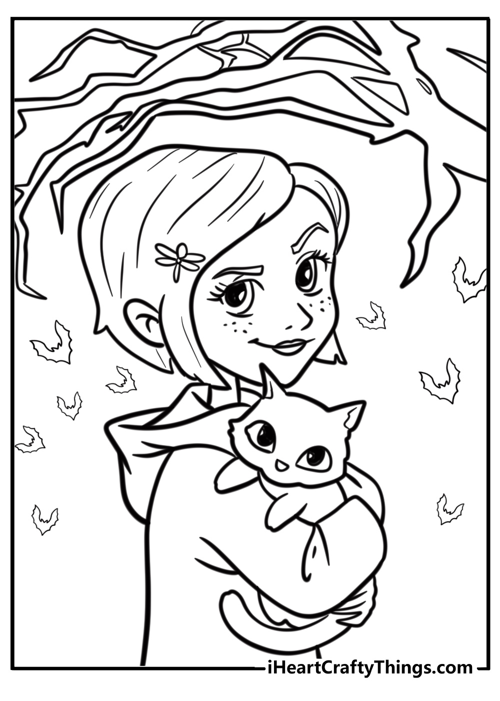 Coraline with her black cat free coloring page pdf