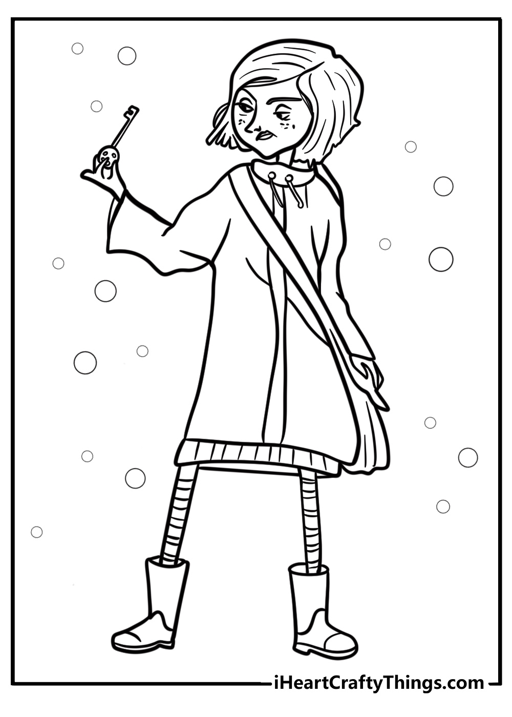 Coraline with her doll key printable coloring page