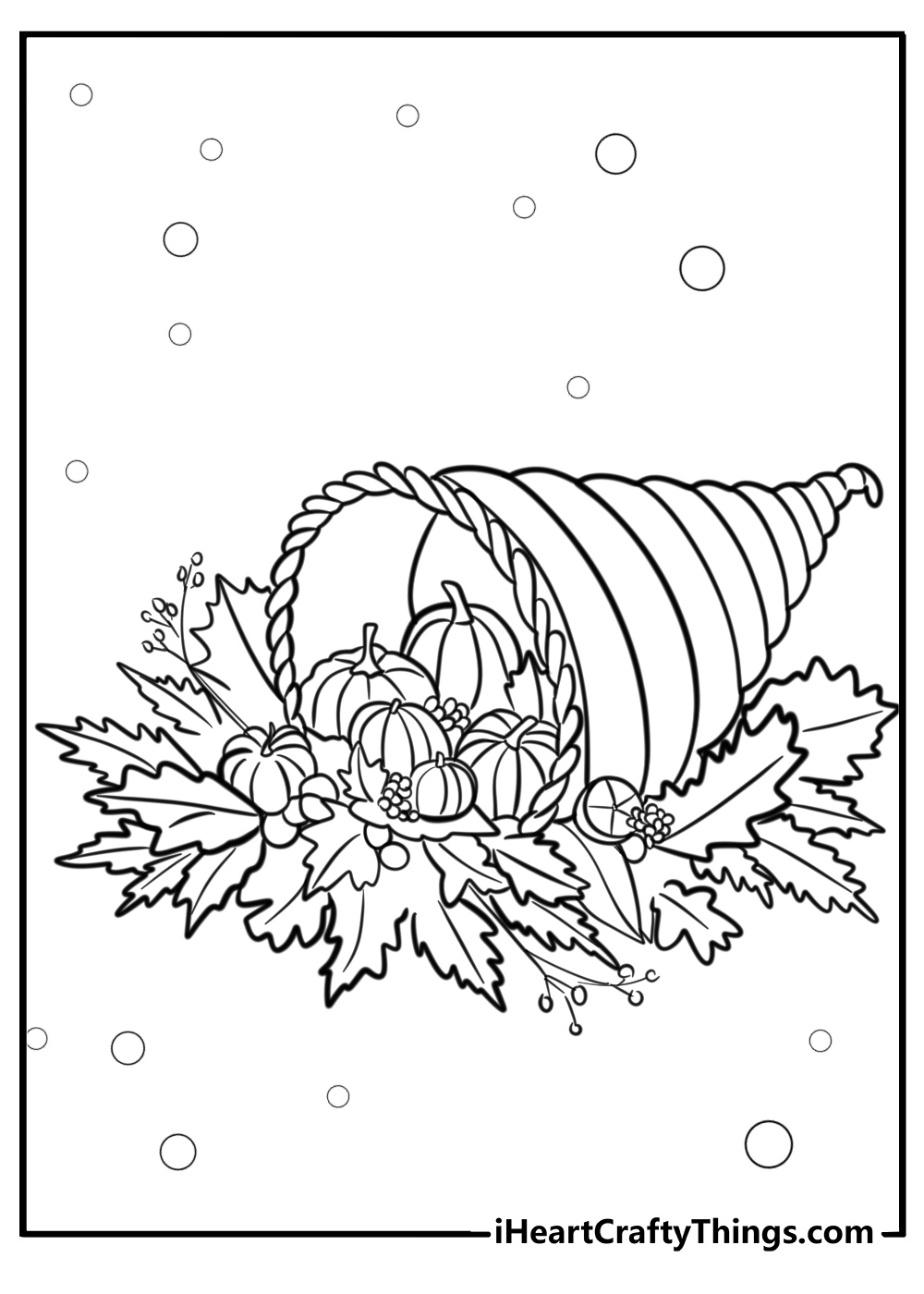 Cornucopia with fall leaves and squash coloring page