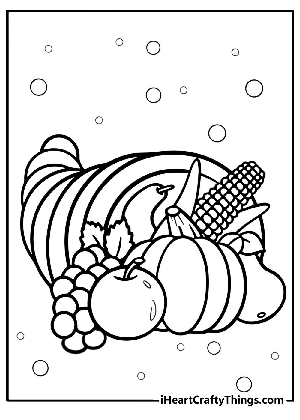 Cornucopia with fruits and vegetables coloring page for kids