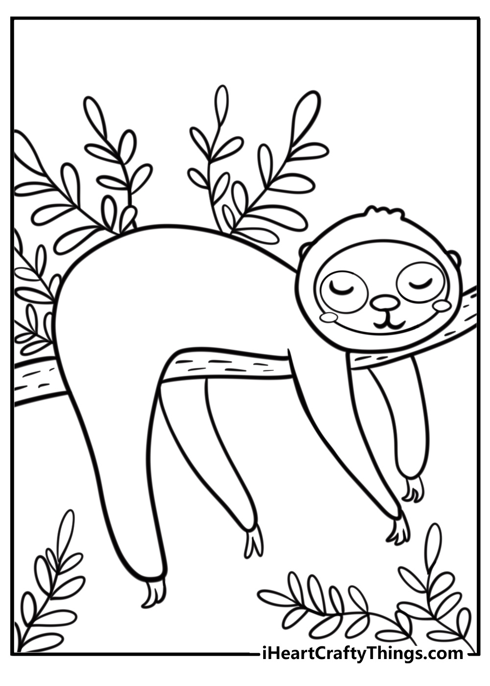 Cozy sloth sleeping on a branch fun pdf coloring activity