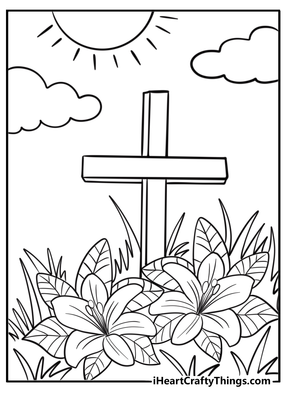 Cross with easter lilies and sunshine coloring page