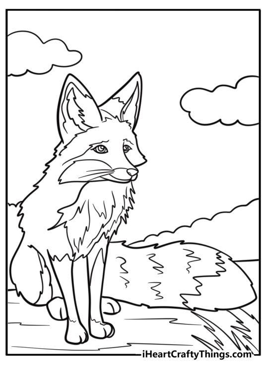 Curious fox with a bushy tail fun printable coloring pdf