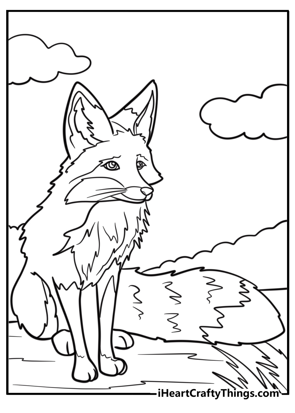 Curious fox with a bushy tail fun printable coloring pdf