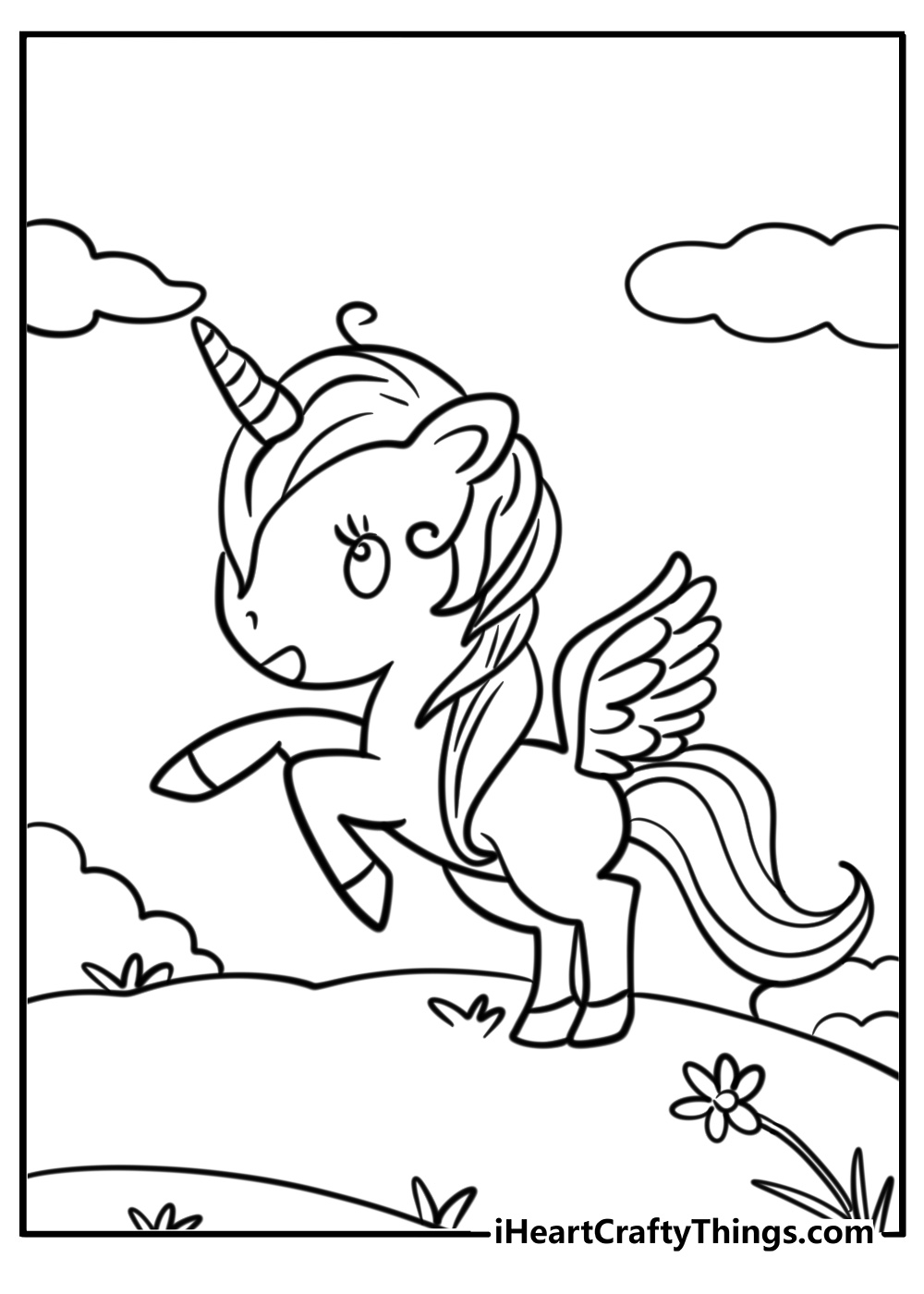 Cute alicorn playing in a field fun printable coloring sheet