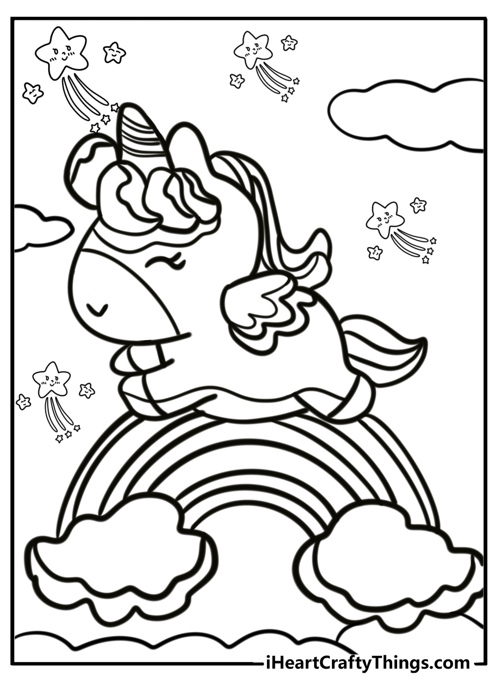 Cute cartoon alicorn with a rainbow free coloring page pdf