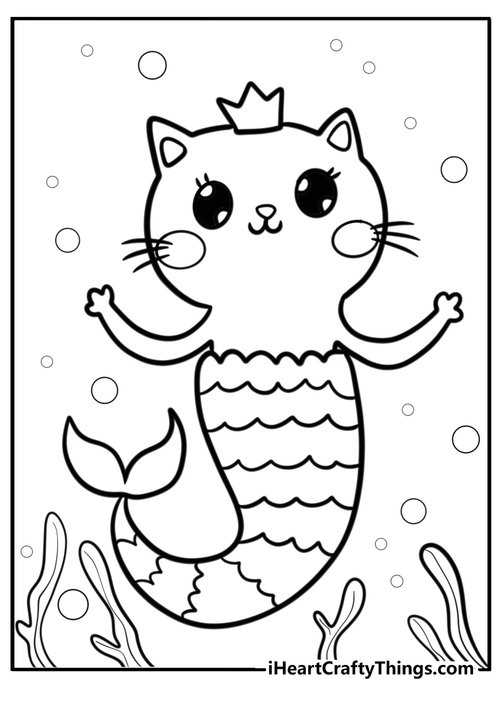 Cute mermaid cat floating in bubbles fun coloring activity