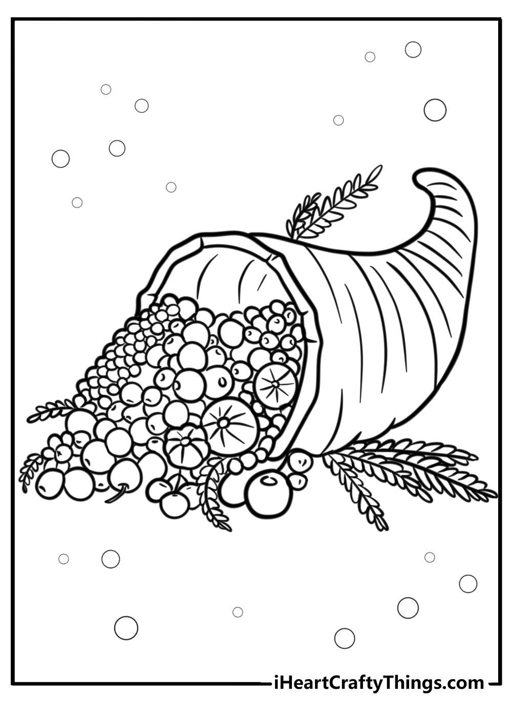 Detailed cornucopia with wheat and berries coloring sheet