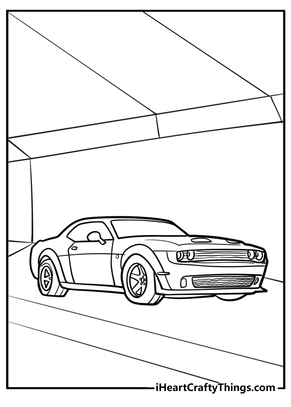 Dodge hellcat parked in a garage detailed coloring sheet