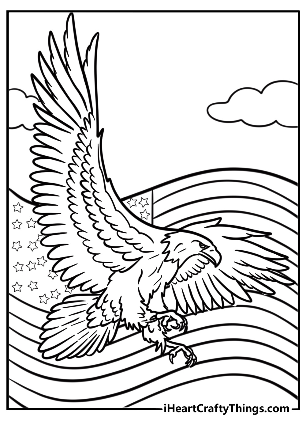 Eagle soaring over the american flag fun coloring sheet