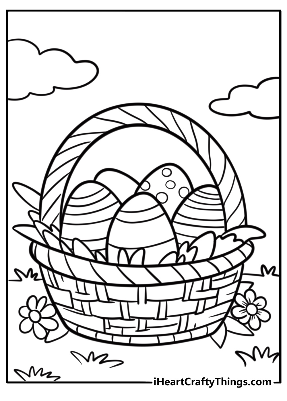 Easter basket filled with colorful eggs coloring page