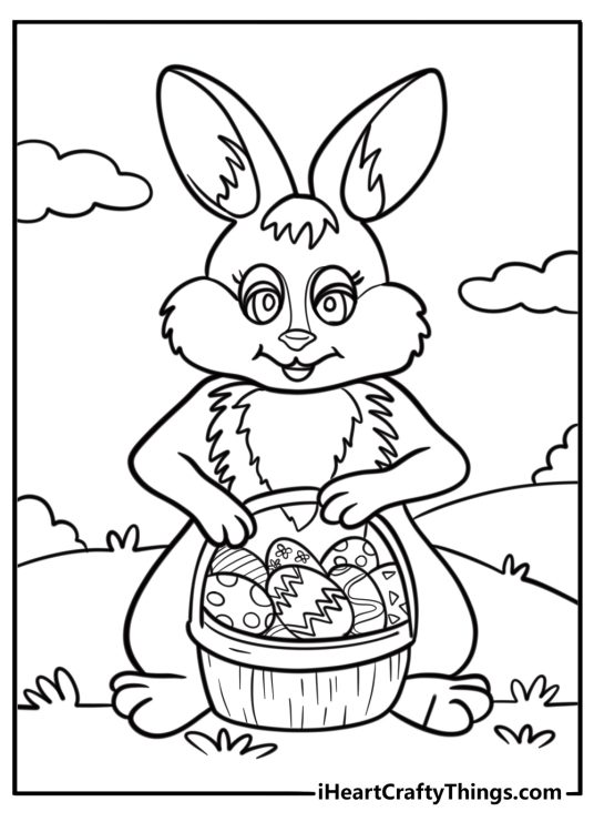 Easter bunny holding a basket of eggs coloring page