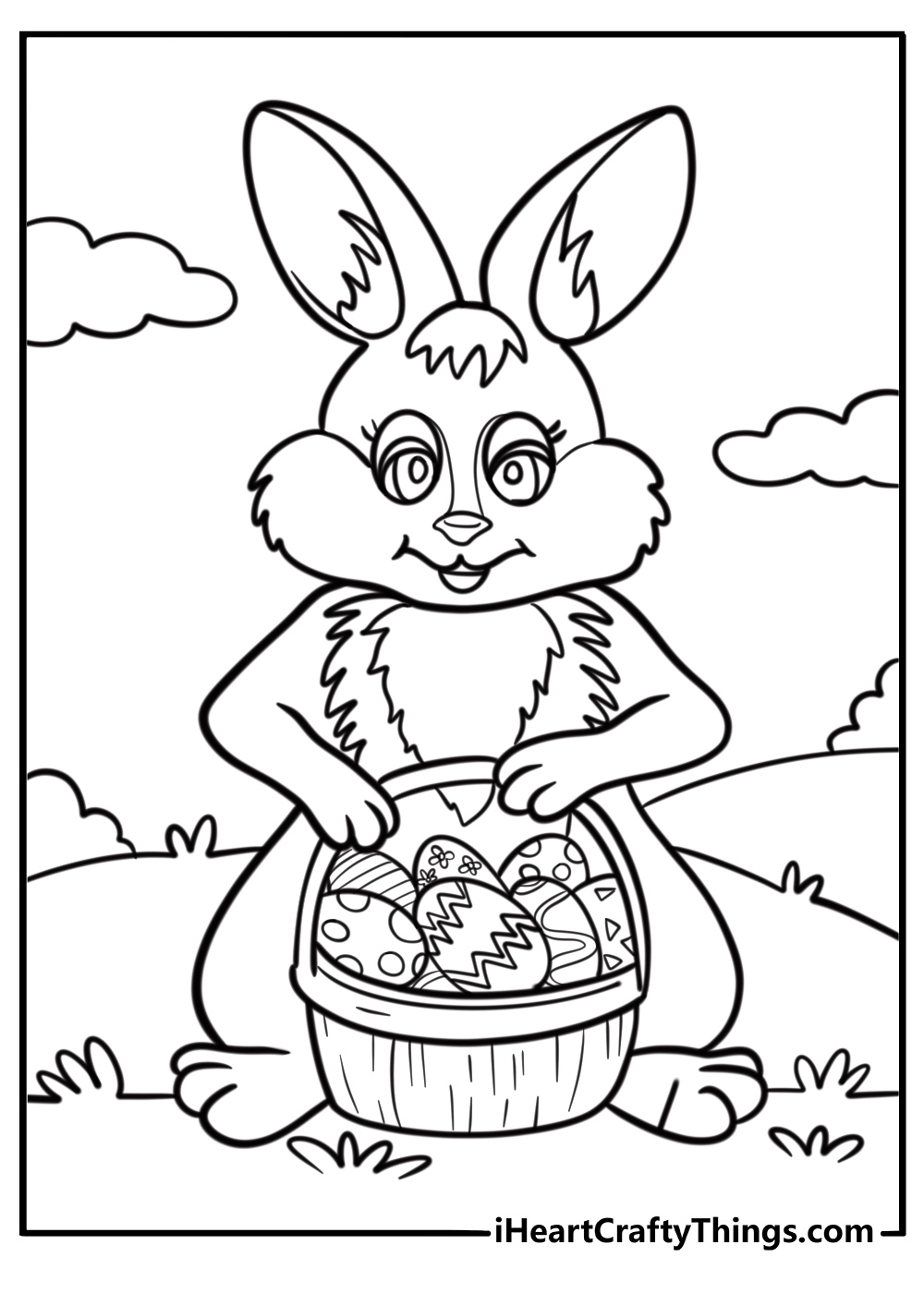 Easter bunny holding a basket of eggs coloring page