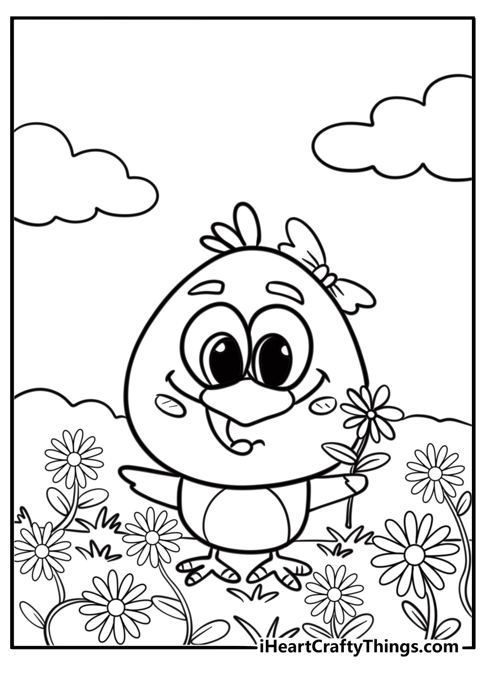 Easter chick holding a daisy in a field coloring sheet