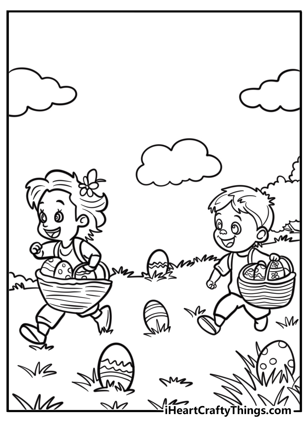 Easter egg hunt with kids and baskets coloring page