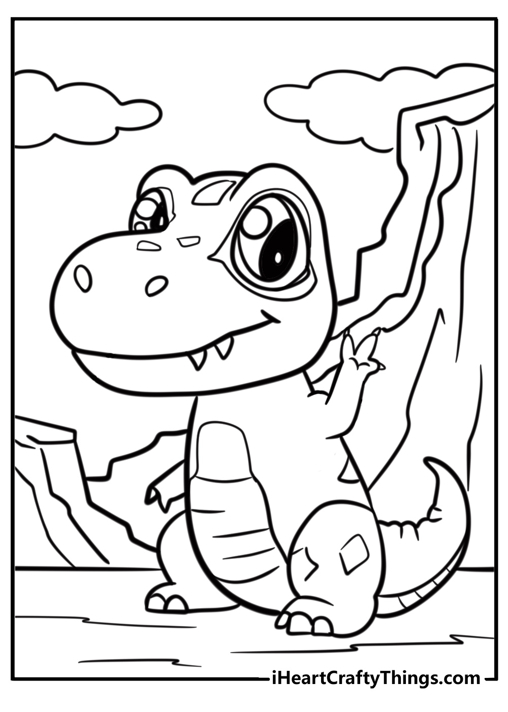 Friendly dinosaur waving hello fun sheet for kids to color