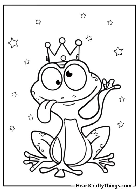 Funny frog wearing a tiny crown detailed coloring sheet