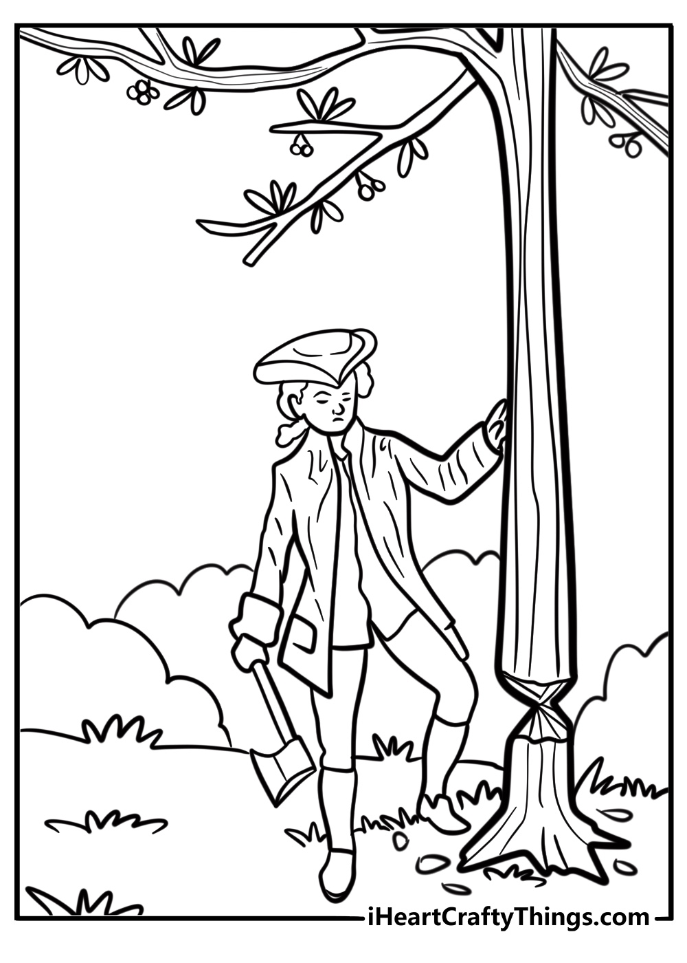 George Washington chopping down a cherry tree coloring page