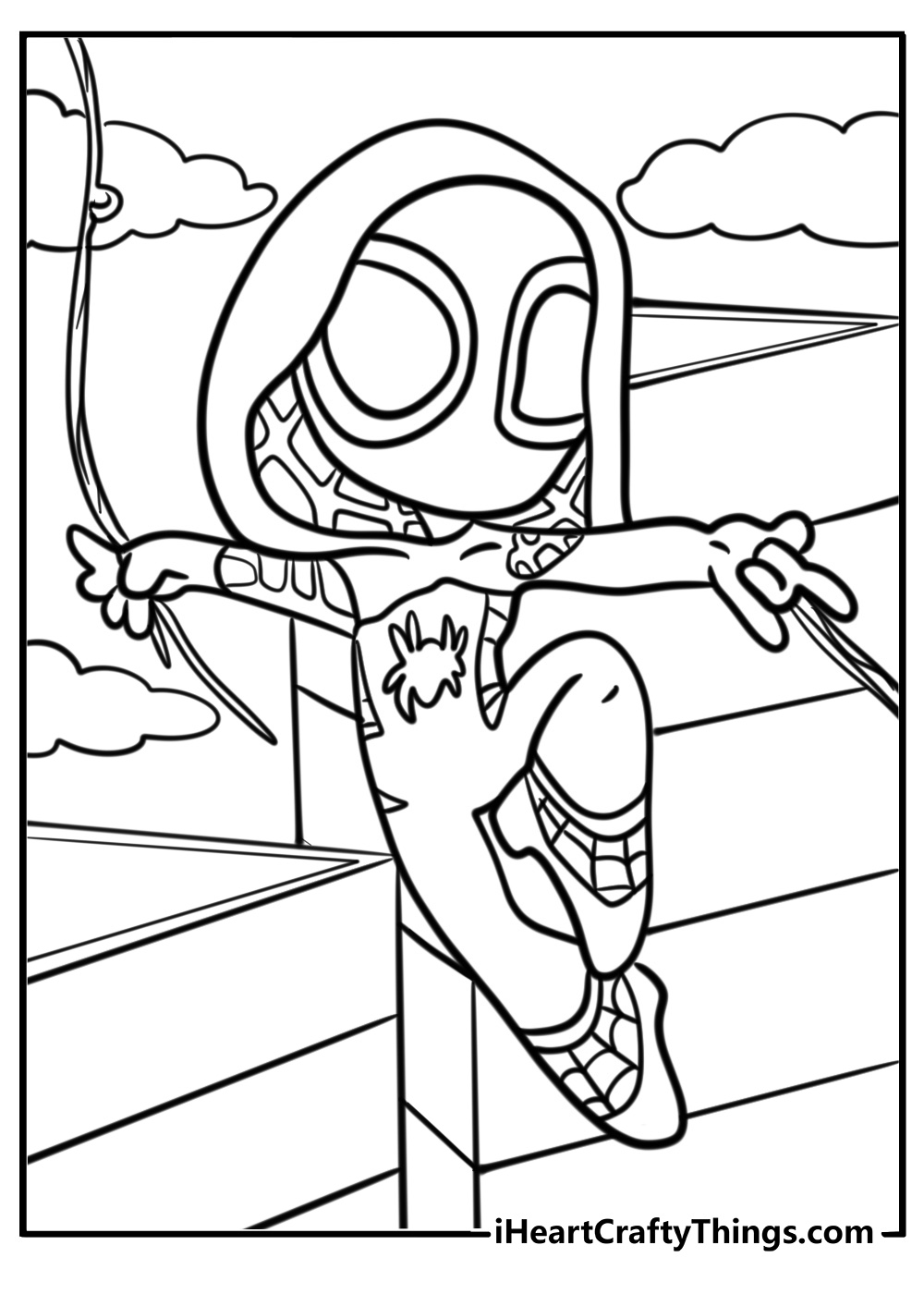 Ghost spider swinging with her web detailed coloring sheet