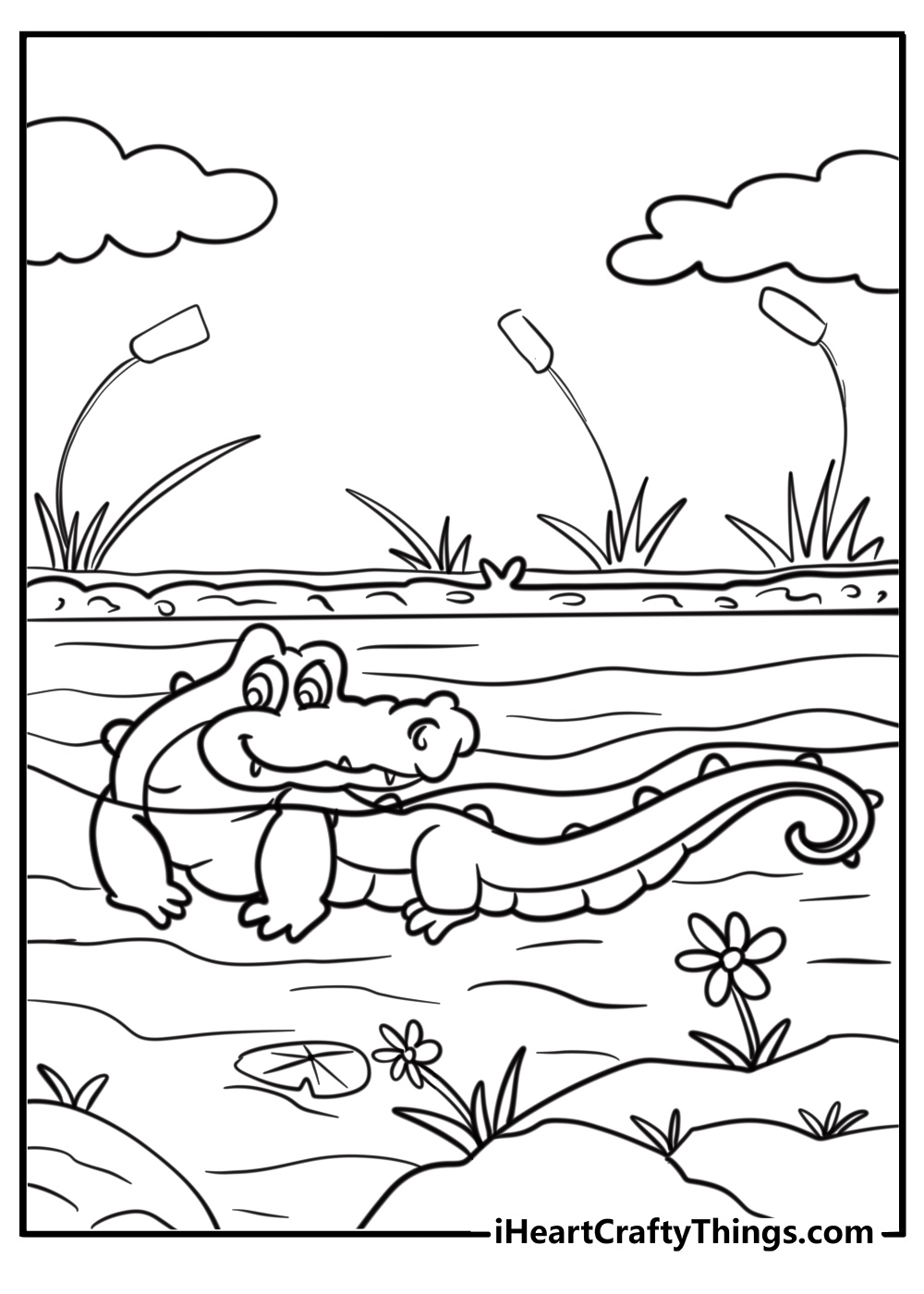 Happy crocodile in a river fun pdf coloring for kids