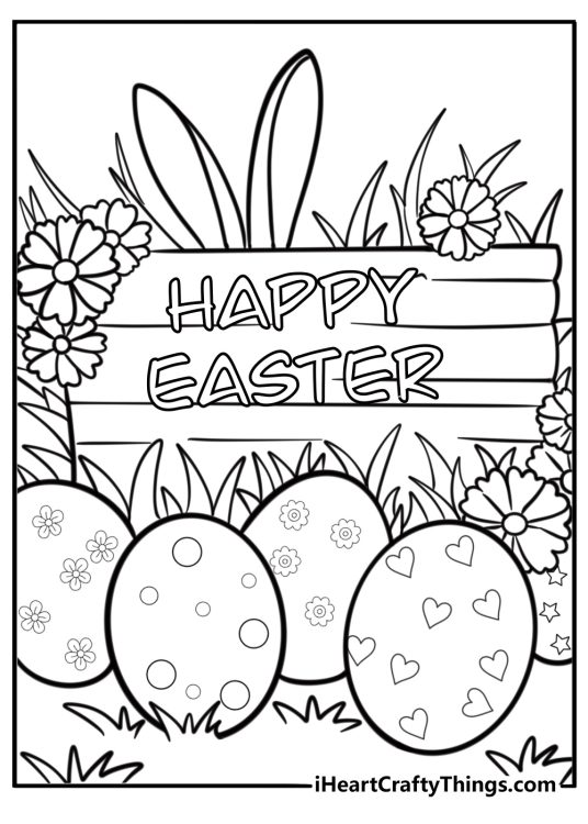 Happy easter sign with eggs and flowers coloring page