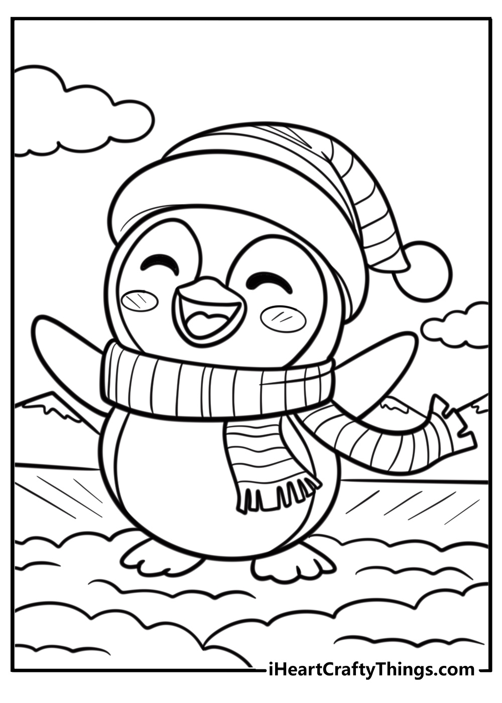 Happy penguin wearing a scarf free pdf coloring page