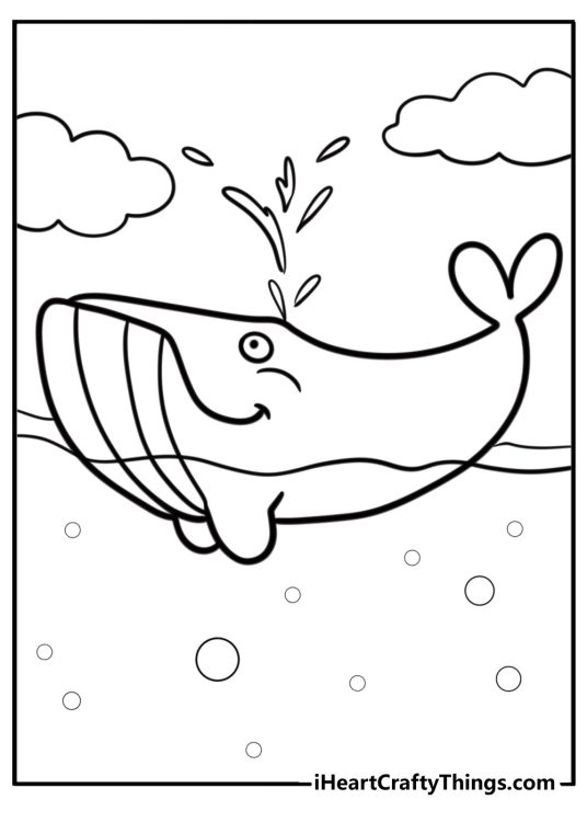 Happy whale blowing water free printable page for kids