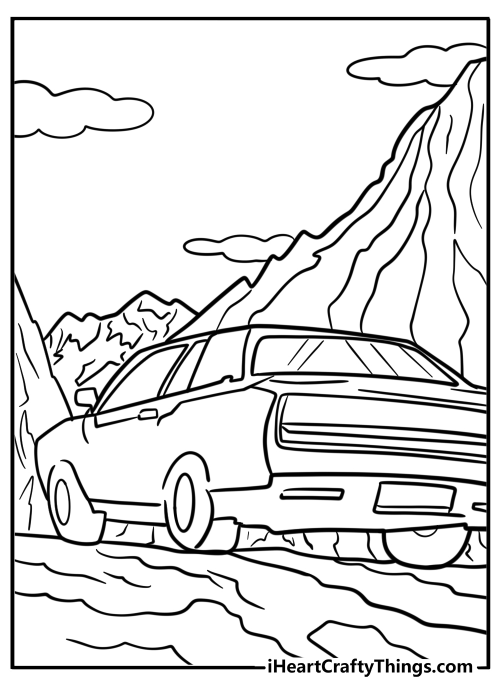 Hellcat parked by a mountain road fun coloring sheet