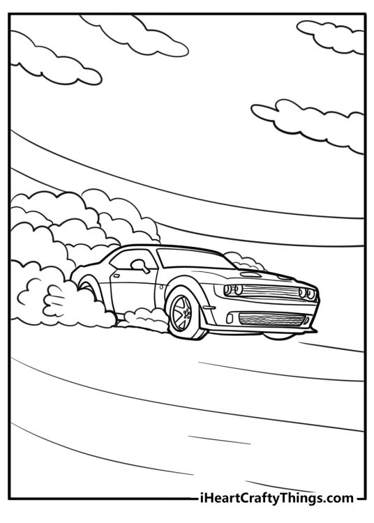 Hellcat performing a burnout fun printable coloring sheet