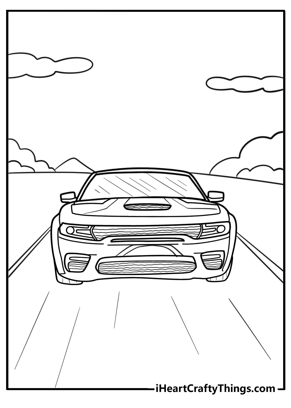 Hellcat roaring down the highway detailed coloring sheet