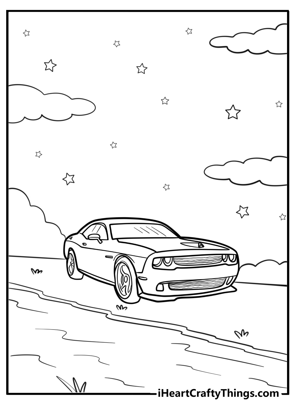 Hellcat under a sunset sky coloring page