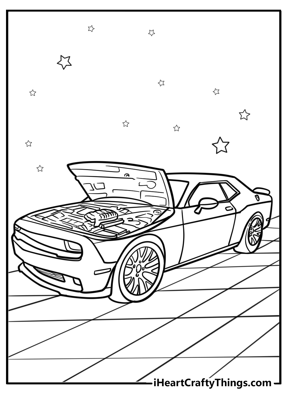 Hellcat with open hood showing engine printable coloring page