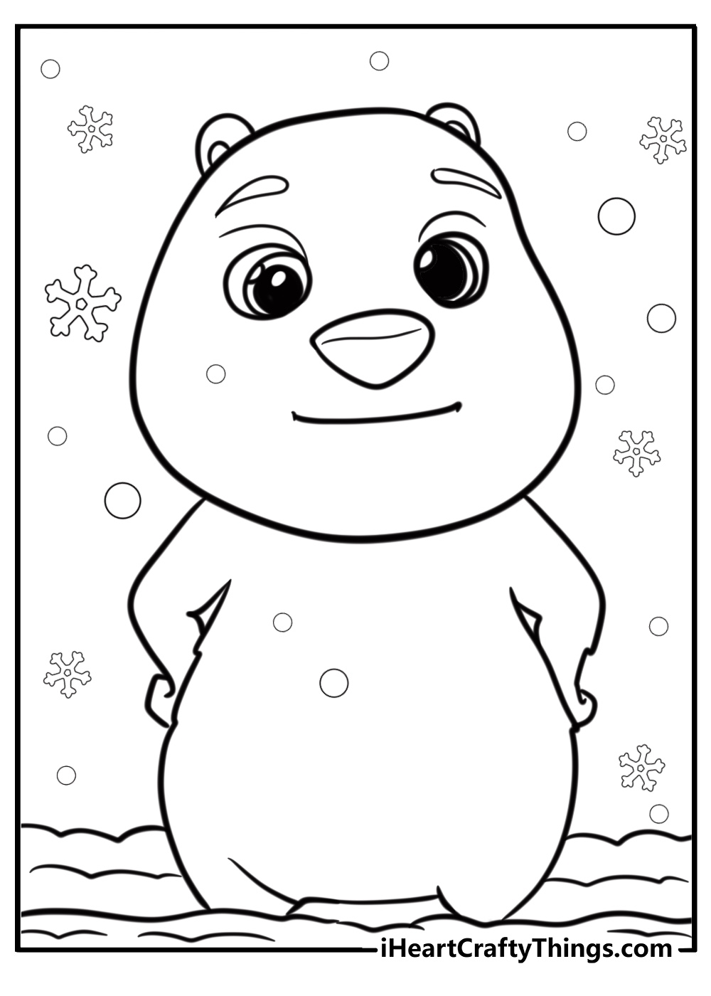 Huggable polar bear cub in the snow detailed page for kids