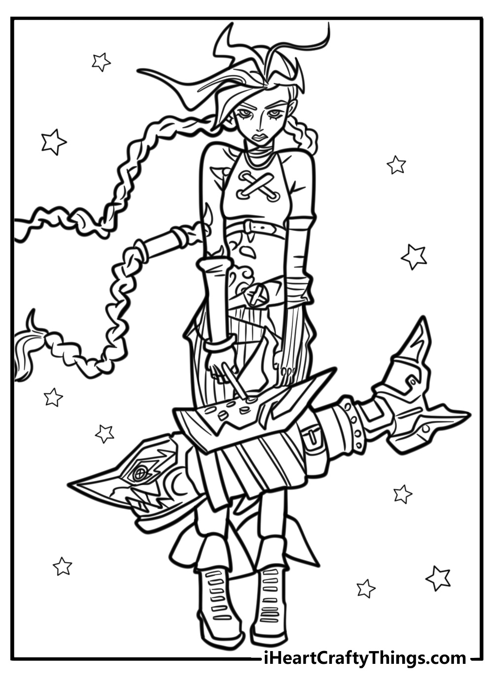 Jinx holding her rocket launcher in a fun lol printable sheet