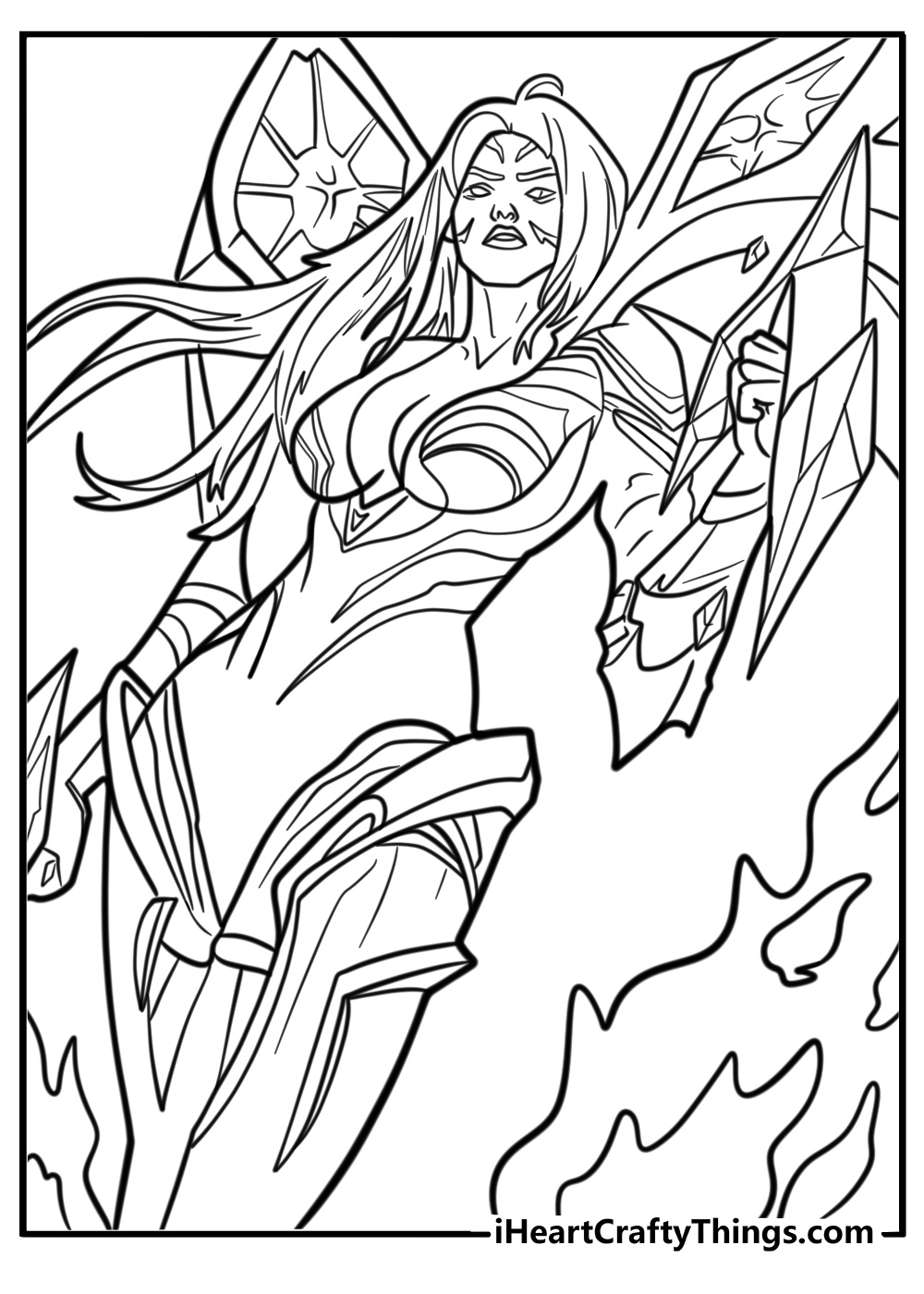 Kai'Sa wearing her void suit in a detailed free coloring page