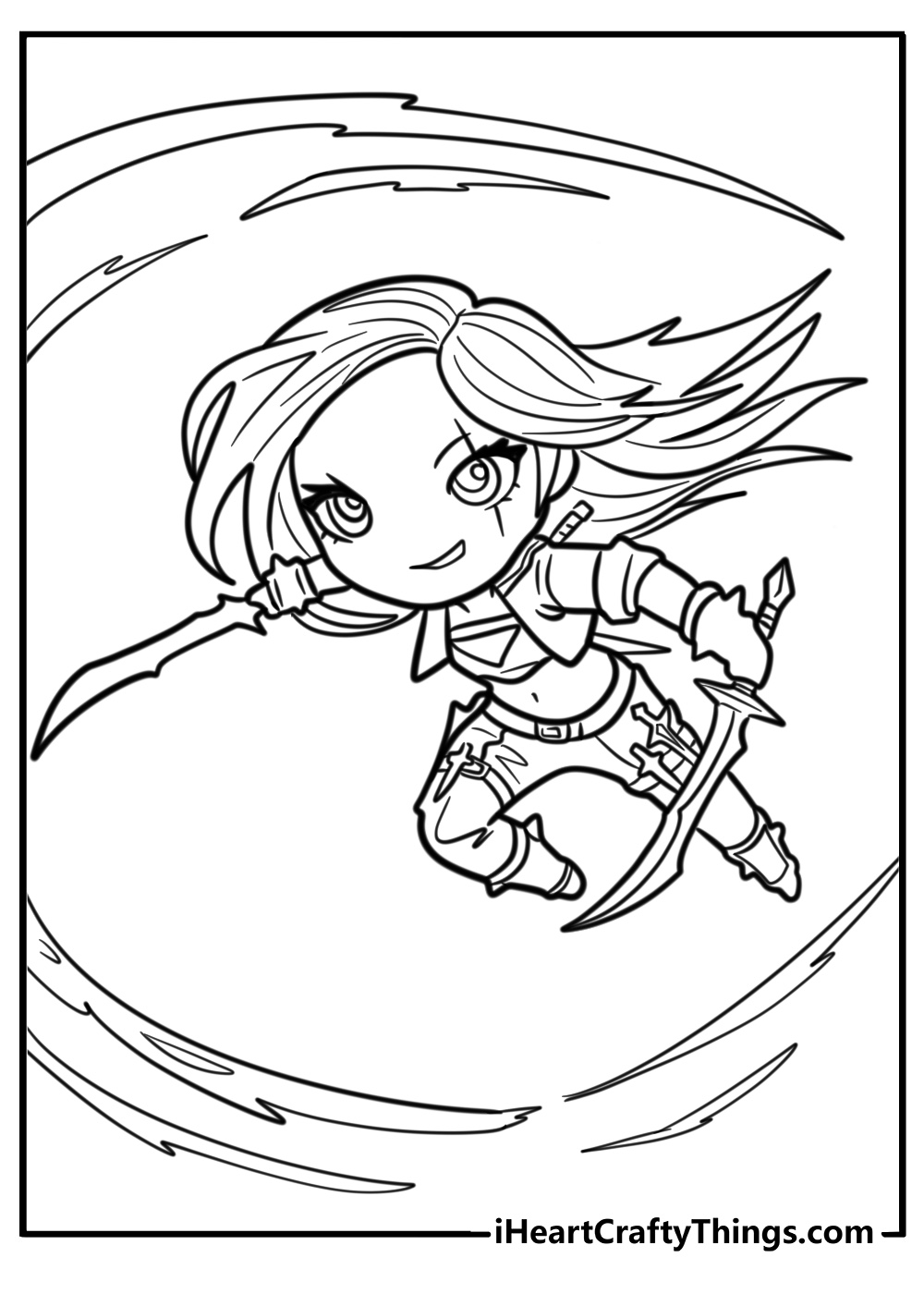 Katarina twirling her blades in a free detailed lol pdf page