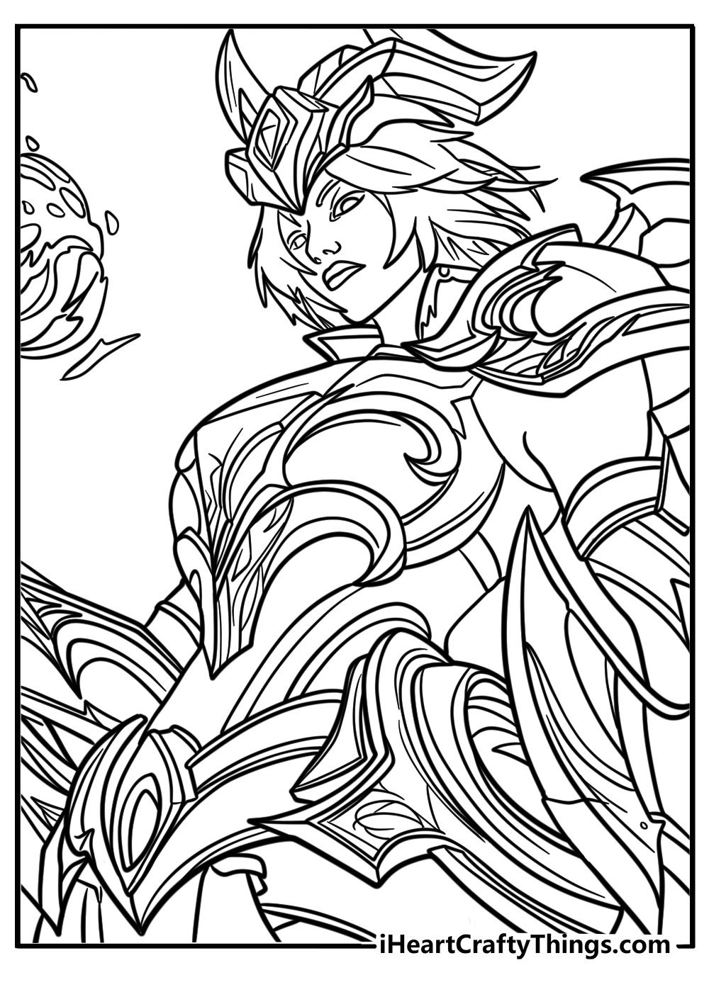 Kayle in shining armor on a printable league of legends coloring sheet