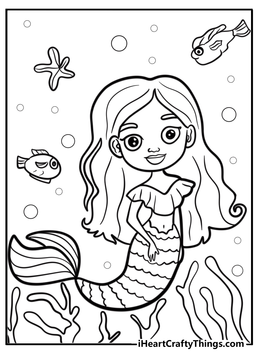 Little mermaid swimming with fish free pdf coloring page