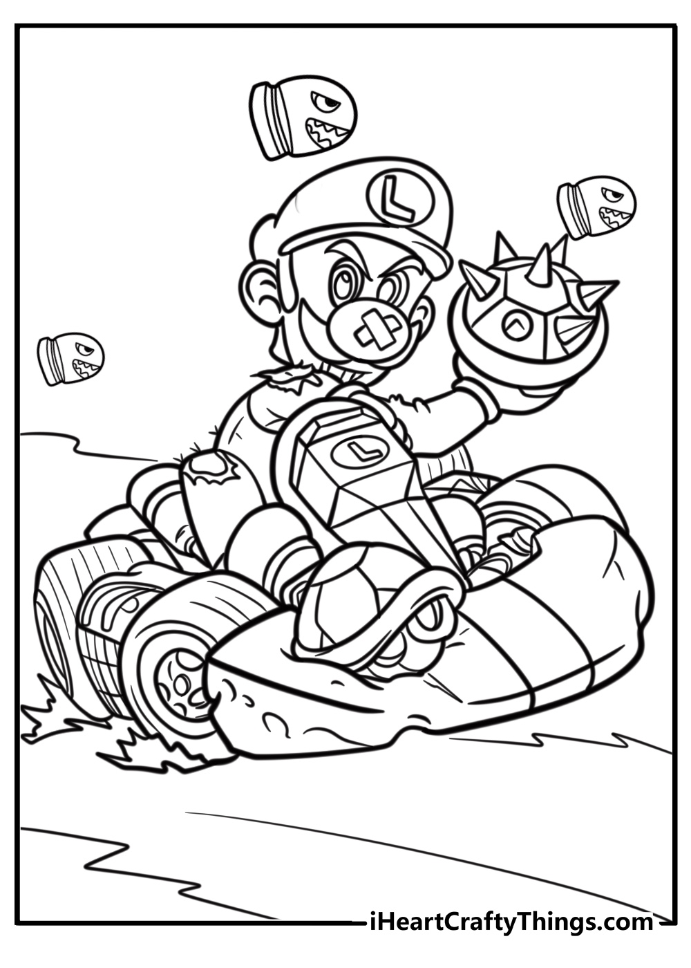 Luigi driving a kart in mario kart coloring page for kids