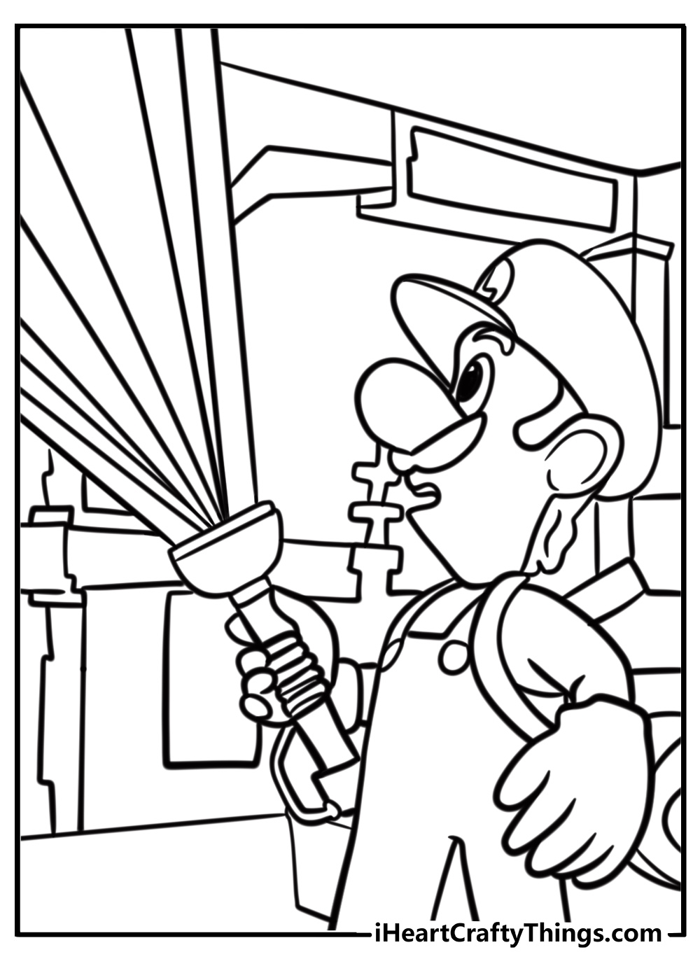 Luigi holding a flashlight in luigi's mansion coloring page