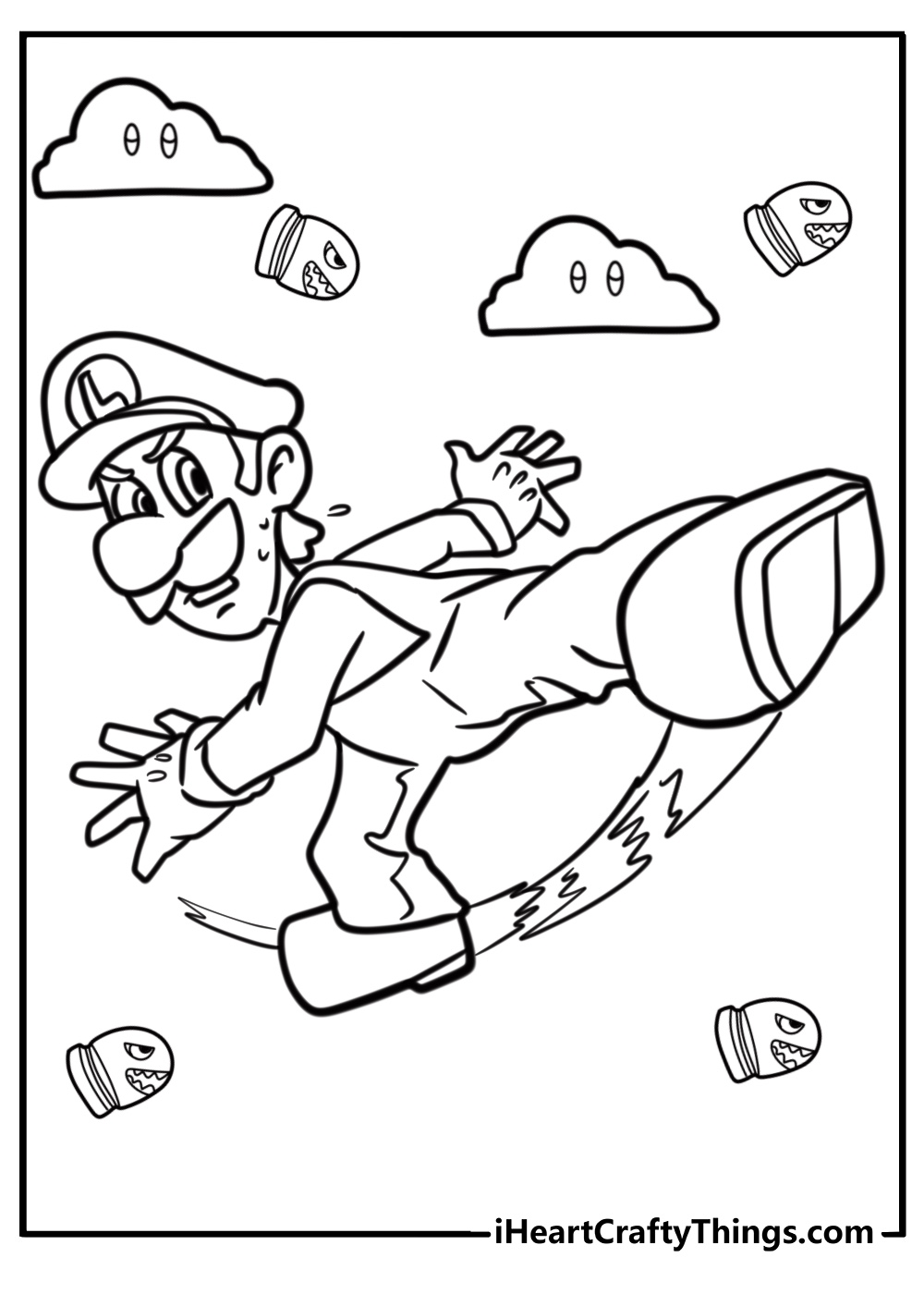 Luigi in a jumping action fun printable coloring sheet