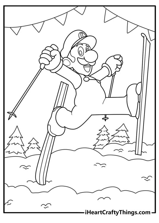 luigi skiing in a snow world festive coloring sheet for kids
